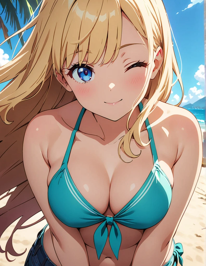(anime artwork, anime style, studio anime, very detailed, up to date, vibrant, Anime Coloring, high contrast, masterpiece:1.2, best quality, best aesthetics),1 girl,hug from behind,bikini, Medium chest,random hair, One eye is hidden by the bangs, perfect proportions, high detail skin, Cute, detailed faces,beach, precise fingers,curvy,adjusting bikini, from behind, looking back,