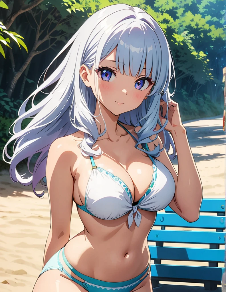 (anime artwork, anime style, studio anime, very detailed, up to date, vibrant, Anime Coloring, high contrast, masterpiece:1.2, best quality, best aesthetics),1 girl,hug from behind,bikini, Medium chest,random hair, One eye is hidden by the bangs, perfect proportions, high detail skin, Cute, detailed faces,beach, precise fingers,curvy,adjusting bikini, from behind, looking back,