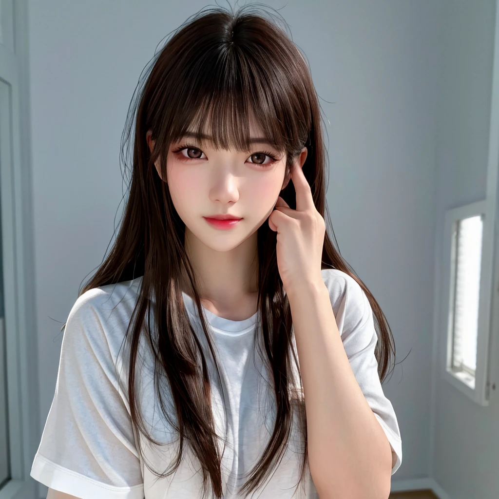 Asian, beautiful, thin, cute, 30th Generation, beautiful Face, beautiful Skin, actress, mature, Upper Body, Light brown hair, thin髪, Live Action, masterpiece, Highest quality, Highly detailed CG Unity 8K wallpaper, Ultra-high resolution, Casual Fashion, Lighting, Summer Fashion, (Natural brown hair: 0.8), (Puffy eyes), Watch the audience, turn around, Bleached Hair, Model pose, White Background, Delicate skin types, Light curly hair, Put your hands around your mouth, White T-shirt, Hair model photo