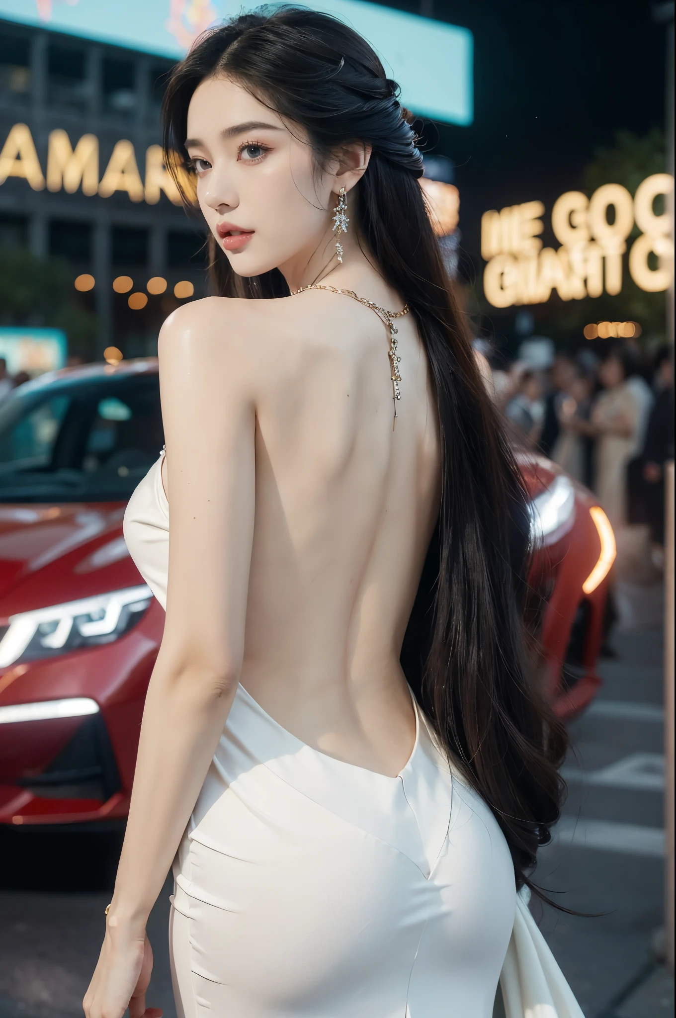 (((best quality))),(((ultra detailed))),(((masterpiece))),illustration,((1girl,gorgeous female model,solo)),((earrings,crystal necklace)),((slim,thin)),((bare back,towering hips,butt crack)),(standing:1.3),(beside a sleek futuristic car:1.3),(glamorres sparkled gown:1.3),intricate embellishments,drop-dead gorgeous,(shoulder length straight hair:1.2),vibrant piercing eyes,delicate facial features,rosy cheeks,parted res lips,confident allure,beauty grace,intricate patterns,shimmering fabric,elegant draping,complementary skin tone,radiates beauty,allure,sleek streamlined design,futurism,smooth curves angles,ambient lighting,ethereal aura,intricate patterns,LED lights,glow,sea of activity,(surrounded by crowded crowds:1.3),examine cars,electric atmosphere,cyberpunk style,excitement anticipation,energy palpable,enthusiasm future automobiles,modern elegance,technological innovation,captivating vibrant scene,invite viewers step into future,embrace beauty,((from back,upper body))