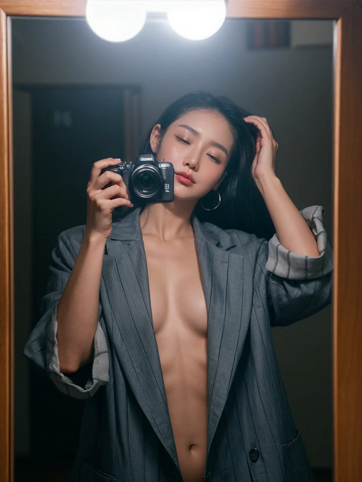 A korean woman takes a mirror selfie with a Canon EOS camera. The camera's flash illuminates the scene, creating a bright glare in the mirror. she has a pear body shape with an larged-size breast, She wears a bright red, vertically striped blazer with rolled-up sleeves, left open to reveal her bare larged-size breast. Her expression is serene, with her eyes slightly closed and her head tilted slightly to one side as she touches her hair with her other hand, messy wavy hair. The background appears dim, giving prominence to the subject in the foreground.