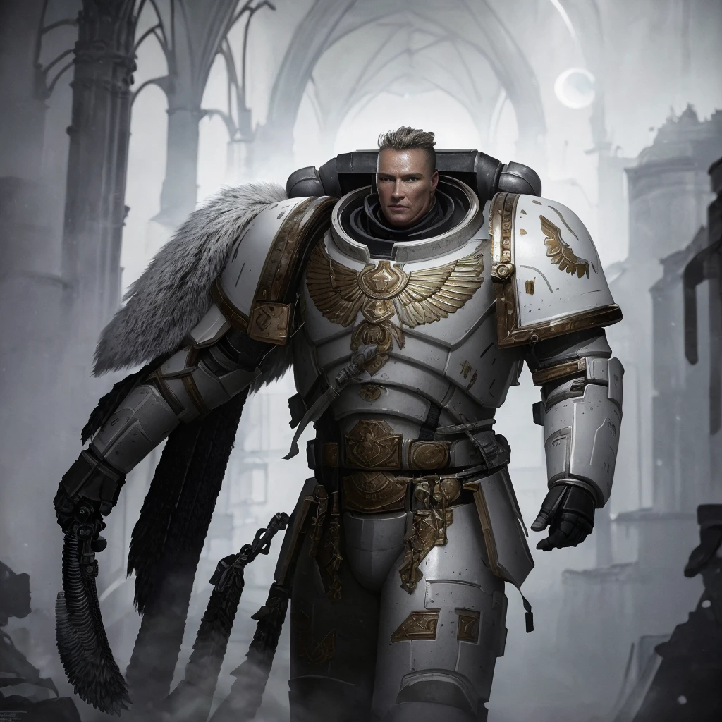 portrait of (Garviel Loken:1.1), wearing (white armor:1.3), black picture on the shoulder pads (silhouette of a wolf and moon), (mace:1.2) young male, attractive, handsome face, short hail (blonde:1.1), armor detail, realistic metal texture, metal surface reflections, indoors, bright lighting, gothic cathedral in the blurry background, epic lighting, ambient lighting, High Detail, film photography, RAW candid cinema, 16mm, Hyperdetailed, analog style, detailed skin, matte skin, soft lighting, subsurface scattering, high quality, highres, absurdres, best quality, 