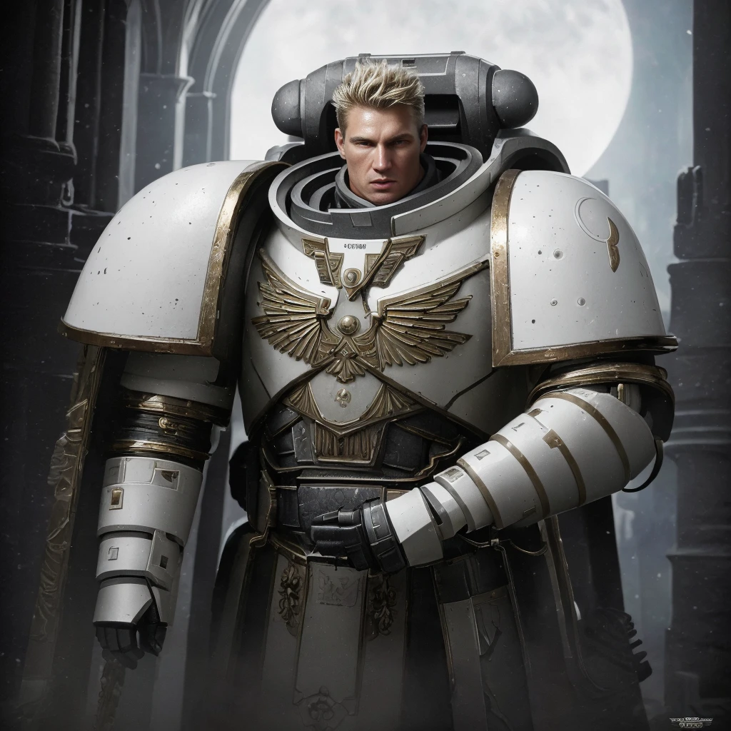 portrait of (Garviel Loken:1.1), wearing (white armor:1.3), black picture on the shoulder pads (silhouette of a wolf and moon), (mace:1.2) young male, attractive, handsome face, short hail (blonde:1.1), armor detail, realistic metal texture, metal surface reflections, indoors, bright lighting, gothic cathedral in the blurry background, epic lighting, ambient lighting, High Detail, film photography, RAW candid cinema, 16mm, Hyperdetailed, analog style, detailed skin, matte skin, soft lighting, subsurface scattering, high quality, highres, absurdres, best quality, 