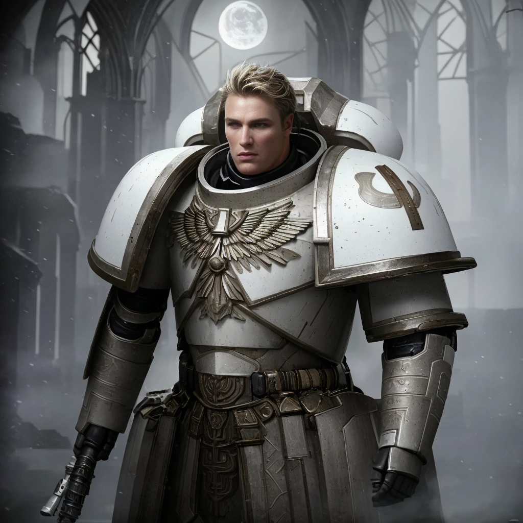 portrait of (Garviel Loken:1.1), wearing (white armor:1.3), black picture on the shoulder pads (silhouette of a wolf and moon), (mace:1.2) young male, attractive, handsome face, short hail (blonde:1.1), armor detail, realistic metal texture, metal surface reflections, indoors, bright lighting, gothic cathedral in the blurry background, epic lighting, ambient lighting, High Detail, film photography, RAW candid cinema, 16mm, Hyperdetailed, analog style, detailed skin, matte skin, soft lighting, subsurface scattering, high quality, highres, absurdres, best quality, 