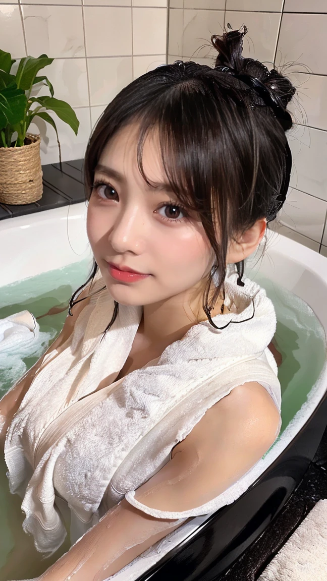 (masterpiece, Highest quality:1.3), smile、(Very detailed:1.2), (hyperRealistic:1.3), (RAW Photos:1.2),High resolution raw color photos, Professional photos, (PhotoRealistic:1.4), (Realistic:1.4),(Small Nose:1.4)、(smile:1.4)、Big eyes、(Focus on the face:1.8)、Long eyelashes、Professional Lighting, Perfect Anatomy, (Super big breasts:1.2), (Detailed face), (Cute appearance:1.5), (Long black hair、Bun Hair:1.5),  (Beautiful woman taking a bubble bath: 1.3)、(Take a bath full of bubbles:2.0)、(Selfie:1.4)