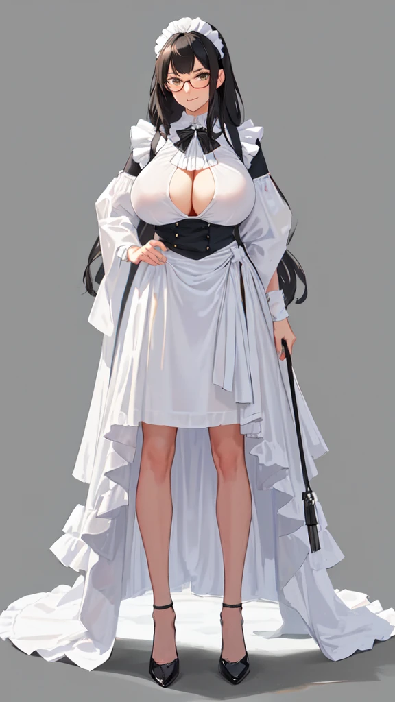 {{masterpiece}},high quality, 4K, 2D, 1 girl,{simple gray background},(attractive mature lady:1.6),milf,standing,(sagging breasts:0.8),(gigantic breasts:1.4),maid,front face,{{tareme}},attractive mature lady,black hair, {from right in front of face and body},View viewers from front,{front facing shot},Wear glasses,(serious:0.1)
