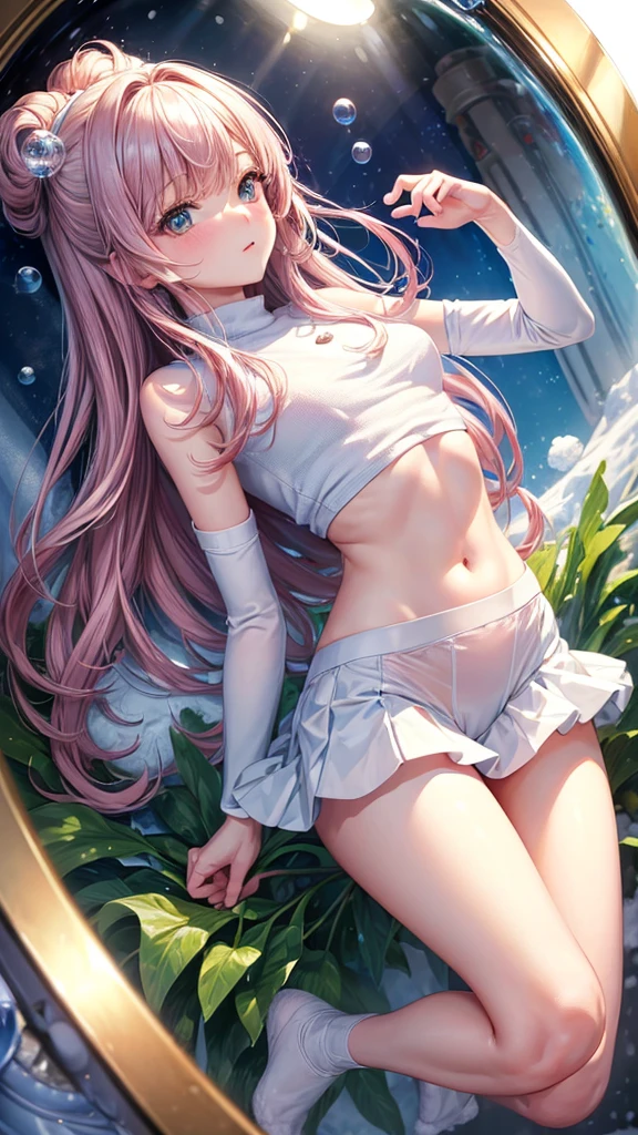 (masterpiece, highest quality, ultra high res, ultra detailed:1.3), 1 cute girl, ideal ratio body proportions, (in snow globe:1.4), in container, (herbarium:1.2), (spherical glass), (floating), (zero gravity), (skirt floating up by buoyancy:1.2), solo focus, submerged, underwater, air bubble, bright lighting, spherical glass wall, pink medium hair, small breast, (white panties:1.4),