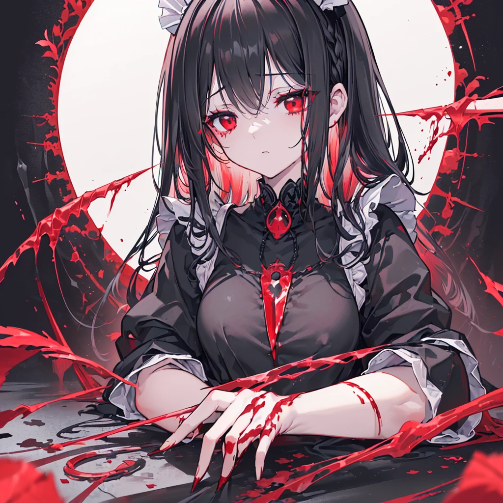 (((((stab the knife、Center close-up　Bathe in blood)))))　((((Fantasy　Black Hair、Long Hair　Dull red eyes　Maid clothes))))　(((Lonely　despair)))　((necklace、red　tears　gloves))　(Broken glass　Distorted Space-Time　star　moon)　Catch the wind　autumn　Shining Background　Particles of light