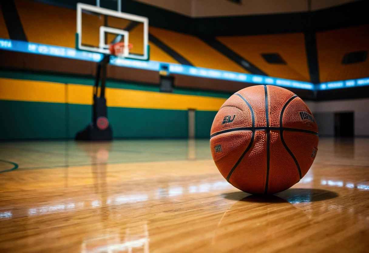 a picture of a basket ball on the floor, basketball court in the background like in a commercial, basketball court is out of focus