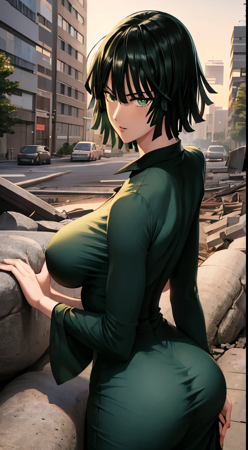 Anime art style, Fubuki from one punch man, green hair, white skin, wearing V-neck dress, standing on destroyed city, cinematic lights, blushing cheeks, smilling, looking back at viewers, grabbing her ass, big breast, big booty, NSFW, back view, beautiful scenery. Holding booty, booty