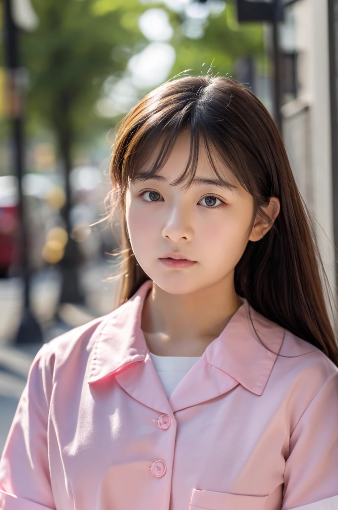 ((highest quality, masterpiece :1.3)), Photorealistic、Ultra-high resolution、Natural skin texture、Hyperrealism、Reflection from the waist up、Beautiful Japanese girl in her early teens、One girl、Larger breasts、Pink nurse uniform、Frightened expression、Eyes are unfocused