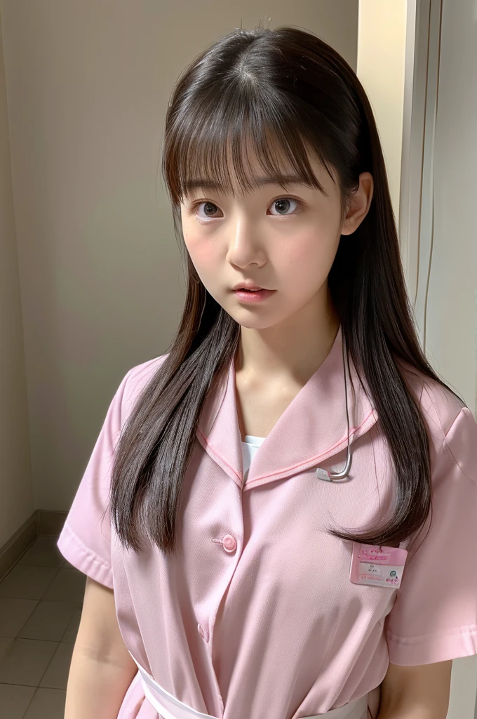 ((highest quality, masterpiece :1.3)), Photorealistic、Ultra-high resolution、Natural skin texture、Hyperrealism、Reflection from the waist up、Beautiful Japanese girl in her early 、One girl、Larger breasts、Pink nurse uniform、Frightened expression、Eyes are unfocused