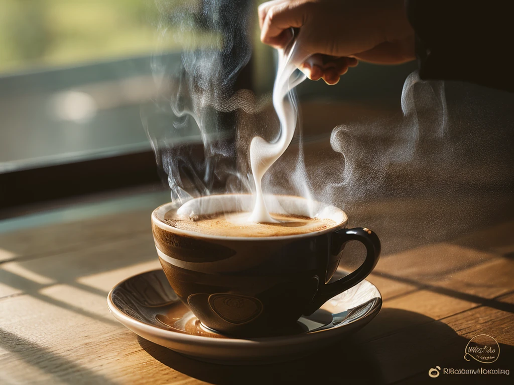 a steaming cup of fresh brewed coffee,detailed realistic coffee cup,steam rising from the cup,warm lighting,detailed latte art,smooth velvety texture,rich dark brown color,intricate coffee foam patterns,sitting on a wooden table,natural light from window,moody atmospheric lighting,high quality detailed photorealistic image