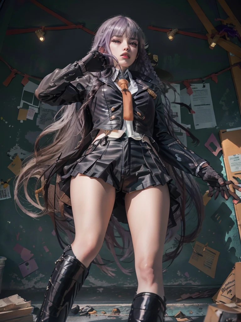 photo Realistic, masutepiece, Realistic, High contrast, hyper Detailed, Best Quality, 超A high resolution, photo Realistic, High resolution, Detailed, Raw photo, Kyoko Kirigiri, Long hair, Purple hair, Side braid, Blunt bangs, Hair Ribbon, a black ribbon, High collar, Brown tie, Black Motorcycle Jacket, Long sleeves, Black Gloves, Black mini skirt, Pleated skirt,(( Black long boots)), (((Full Shot))), Danganronpa \(Series\), Street, Full Shot, Looking at Viewer, White shirt, Woman, (((From below))), Busy city, foreshortening, (Pose Seductive), Looking at Viewer, mad, (eyecontact), japanaese girl,