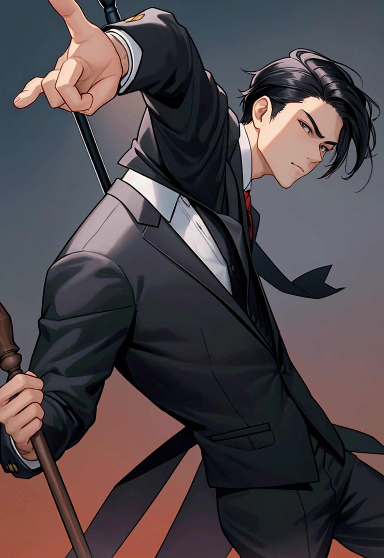 lawyer　He is wearing a black suit, holding a mallet and bending his arms upwards, pointing diagonally 47 degrees upwards.　Black hair two-block　背景は裁判所のlawyer用の席