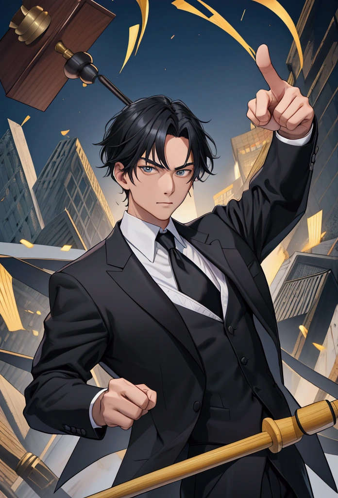 lawyer He is wearing a black suit, holding a mallet and bending his arms upwards, pointing diagonally 47 degrees upwards. Black hair two-block 背景は裁判所のlawyer用の席