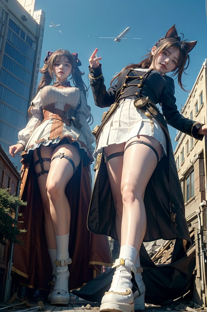 looking at the camera、steampunk、Standing on top of a ruined building、Big building explosion、The building collapses、Urban hustle and bustle、Traffic jam、City of Rubble、street tree、Car and bus、truck、taxi、City boulevard、Pedestrian bridge、Streetcar route((((Azur Lane Cheshire Cosplay))))、Frilled maid outfit、((Super huge breasts))、((Plump thighs))、Ground View,City of Giants,500 foot tall giant girl,skyscraper,Has super long legs,Step into the crowd,There are many people on the street,Knee-high socks,A happy look,Standing on the ruins,Beautiful appearance,Exquisite makeup,quality,8k,高quality,Perfect Proportions, Cinema Lighting,Film Grain,The Colors of Fuji,8k,Textured skin,Super Detail,High detail,high quality,High resolution,explode,False Smile、Reaching out