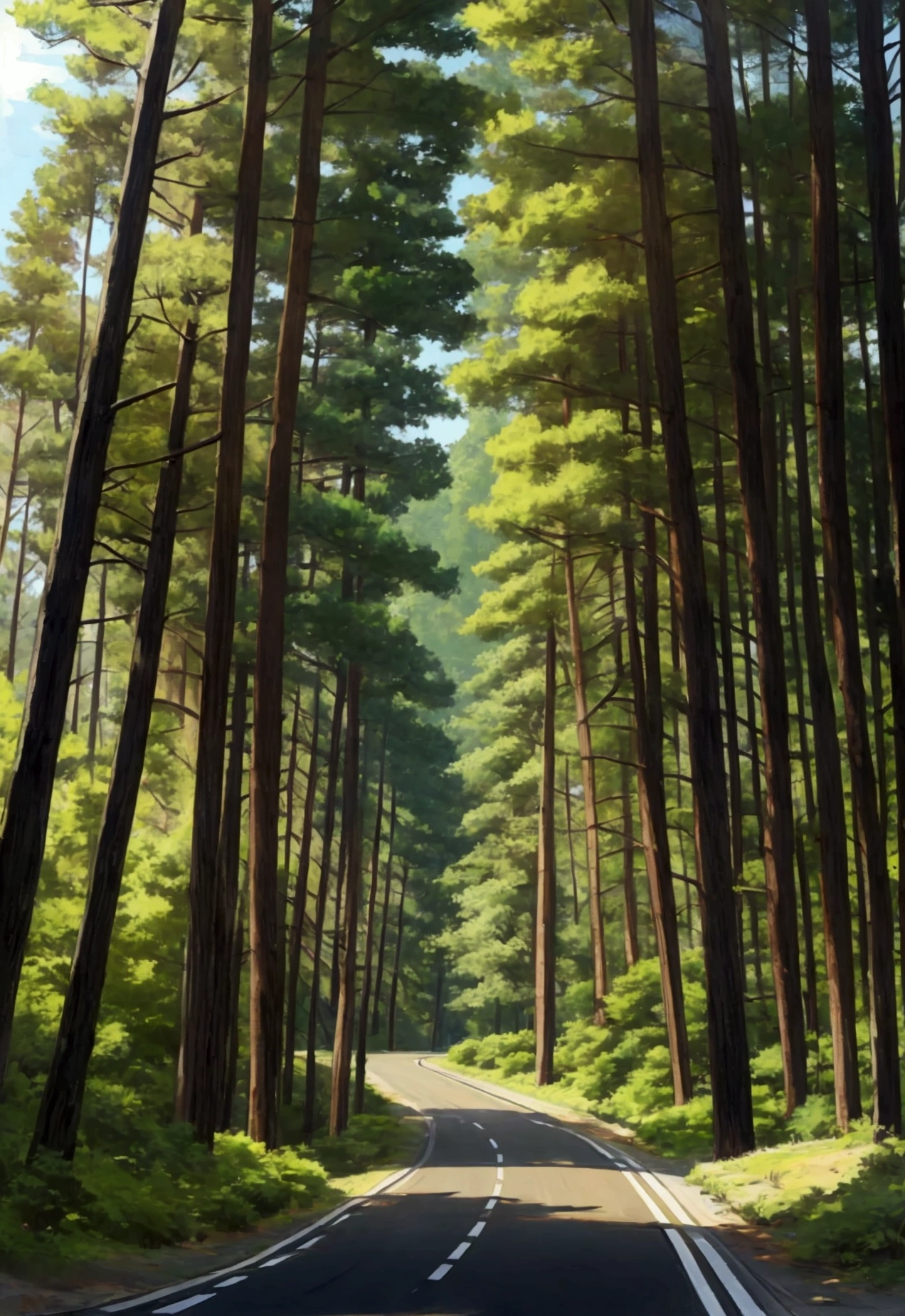 landscape background of a road next to a pine forest