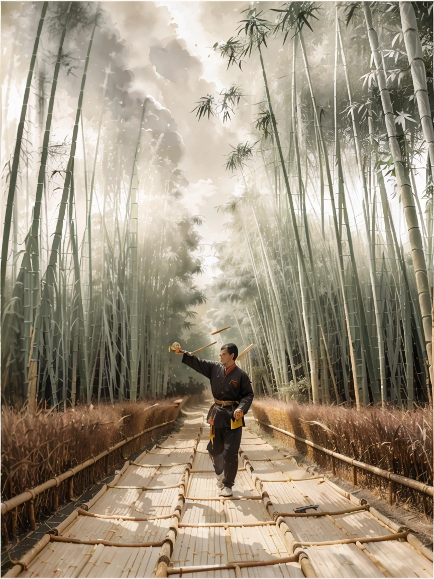 clouds, ((bamboo forest)), ((ink and wash)), ((brush and ink)), ((ink sketch)) artistic conception, (((Chinese martial arts))), (light color),Chinese traditional painting style, chinese culture, innovation, Landscape painting,asian landscape, weapon,sword,black hair,holding,