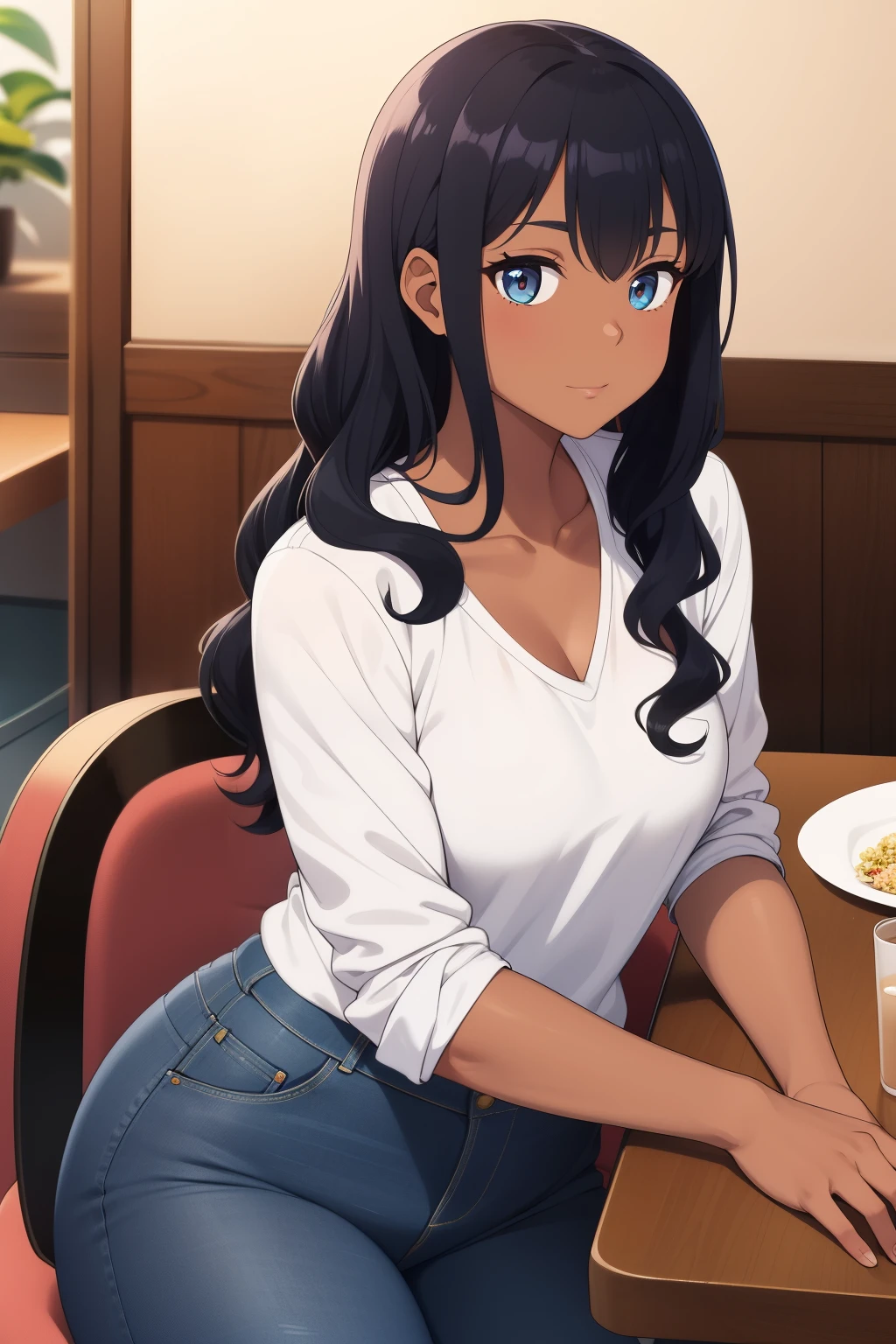 1 young woman, black dark skin, long black curly hair, wearing blue jeans, white tucking in shirt, in her house