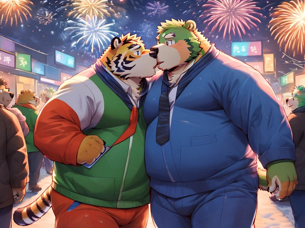 2boy, anthro ((tiger)) with anthro ((bear)), ((kosutora)) going out with ((jinpei)), casual clothes, kissing under fireworks, crowded street, winter, happy new year scenery,