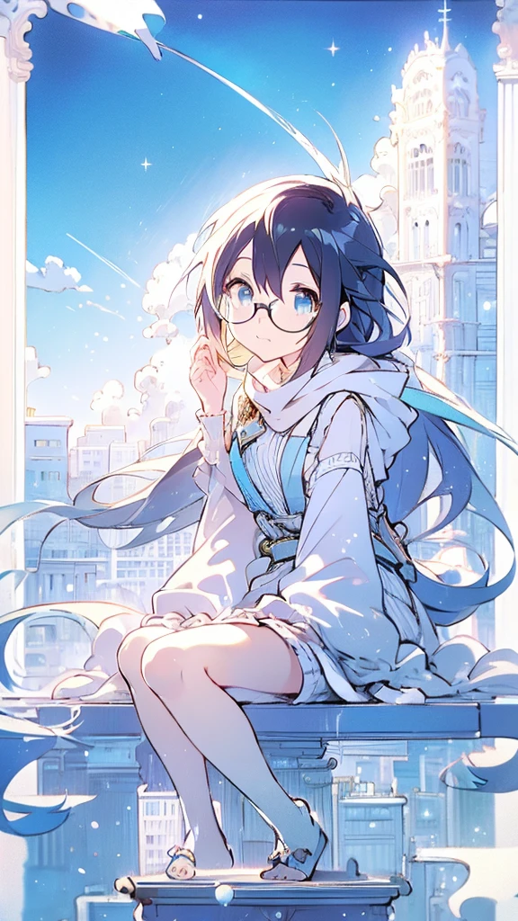 Seven-doppelganger shot，Anime style 4K,High quality anime art style，Standing painting，Splash ink background，Blue Themes、Pure white background,Buildings,Face close-up,Buildings,Moon and sun、Shining Star々,milky way,Bright Sky,Looking at me,Facing forward,Clear eyes and nose,cute,beautiful,Thin legs,sitting by the water, black hair, Blue eyes, girl, bob, front, cute,Blue Background,Long Hair, blue sky,Buildings,whale,Black Hair,Glasses