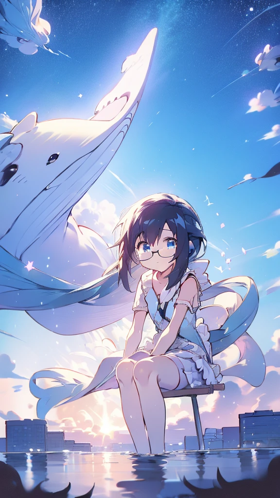 Seven-doppelganger shot,Anime style 4K,High quality anime art style,Standing painting,Splash ink background,Blue Themes、Pure white background,Buildings,Face close-up,Buildings,Moon and sun、Shining Star々,milky way,Bright Sky,Looking at me,Facing forward,Clear eyes and nose,cute,beautiful,Thin legs,sitting by the water, black hair, Blue eyes, girl, bob, front, cute,Blue Background,Long Hair, blue sky,Buildings,whale,Black Hair,Glasses