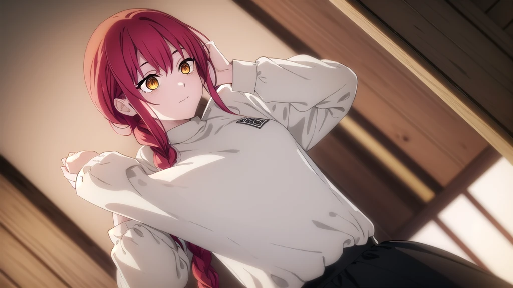 hand, hand, long hair, smile, smooth, small breasts, (yellow eyes:1.2), braid, red hair, braided ponytail, big eyes,Nua hugs a teddy bear,sexy,เต็มตัว
Take a break shirt, long sleeve, white shirt, dress shirt, skirt, black skirt, It's official., suit, black nightie, lady,
Take a break (Masterpiece:1.2), best quality, high resolution, Harmony wallpaper 8K, (illustration:0.8), (Beautifully detailed eyes:1.6), Very detailed face, perfect lighting, The CG is very detailed., (handที่สมบูรณ์แบบ, perfect anatomy),