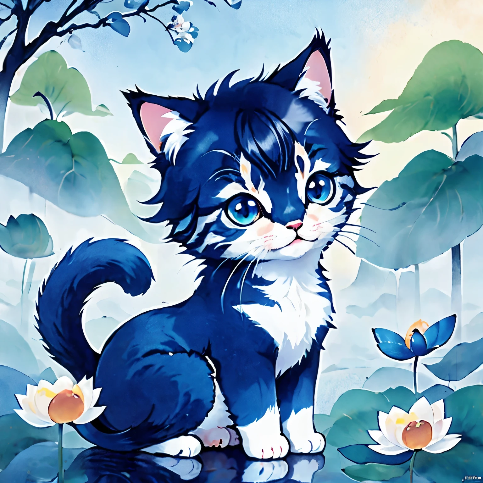 ((anime chibi style)), cute looking kitten with adorable eyes in the park, dynamic angle, depth of field