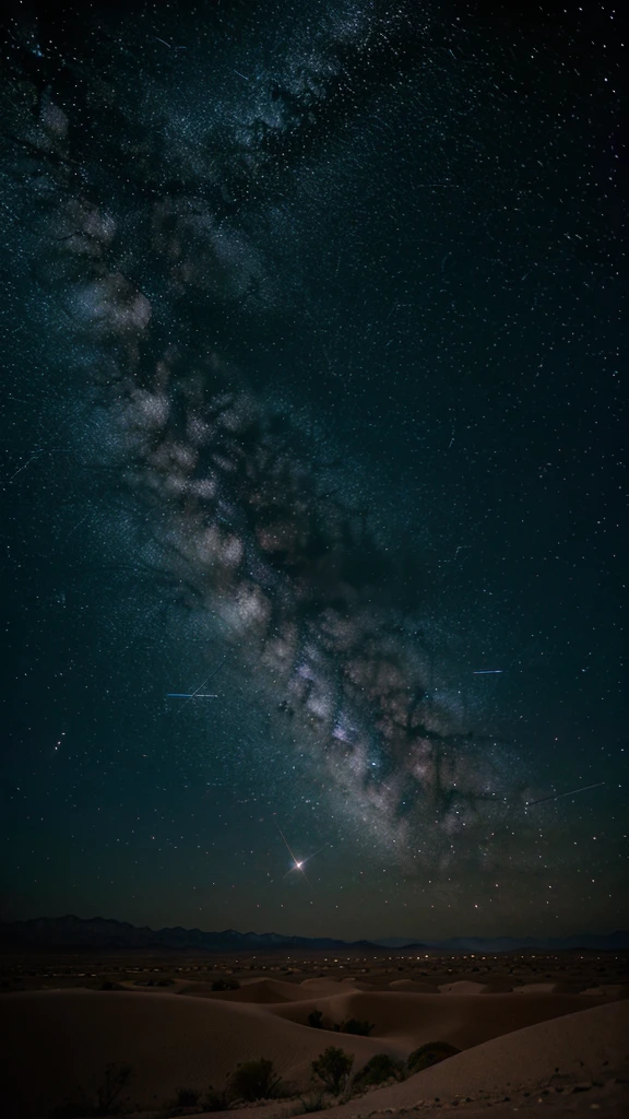 A nighttime image of the desert with the starry sky and the Milky Way shining brightly.