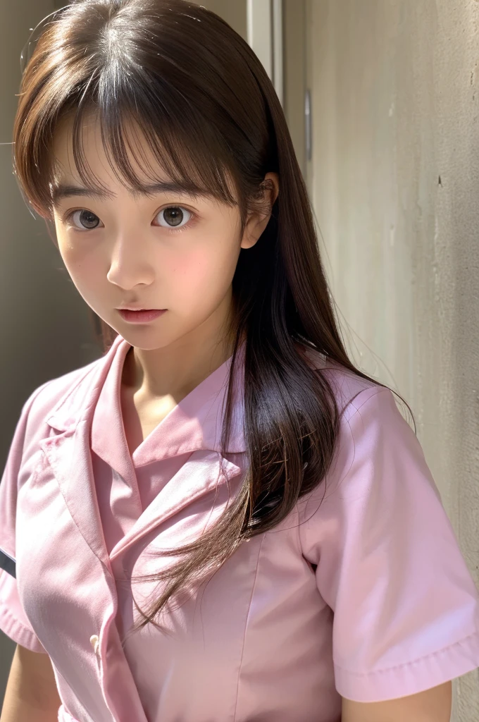 ((highest quality, masterpiece :1.3)), Photorealistic、Ultra-high resolution、Natural skin texture、Hyperrealism、Reflection from the waist up、Beautiful Japanese girl in her early s、One girl、Larger breasts、Pink nurse uniform、Frightened expression、Tears flowing