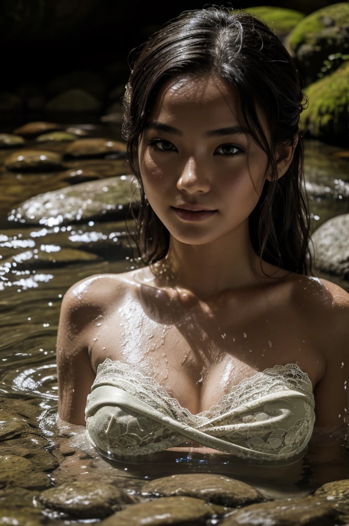 Best quality, masterpiece, super high resolution, a super model soaking in a hot spring in Japan, outdoor hot spring, stone hot spring, surrounded by moss and trees, super beautiful face, pure body, clear pores visible, (smile:0.8), wearing split (lace bandeau:1.2), (realism:1.5), original photo, soaked body, covered in sweat, bare shoulders, in the dark, deep shadows, low-key, cold light