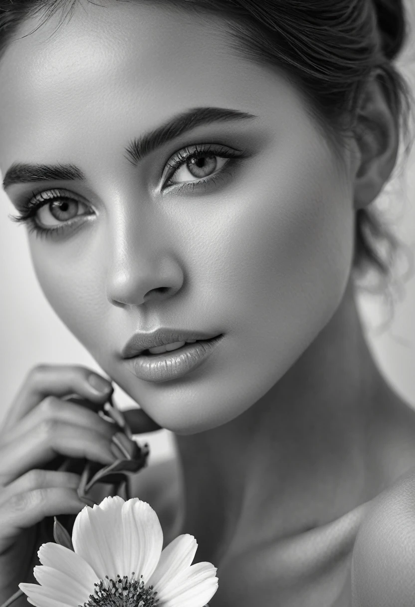 A black and white photo in raw format, zooming in on the intricate details of a woman's face, revealing the delicate lines of her skin and the depth of her expressive eyes. Frame the shot with a solitary striking flower, delicately held in the woman's hand, adding a touch of softness and femininity to the composition, enhancing the dramatic contrast and textures of the monochrome image.