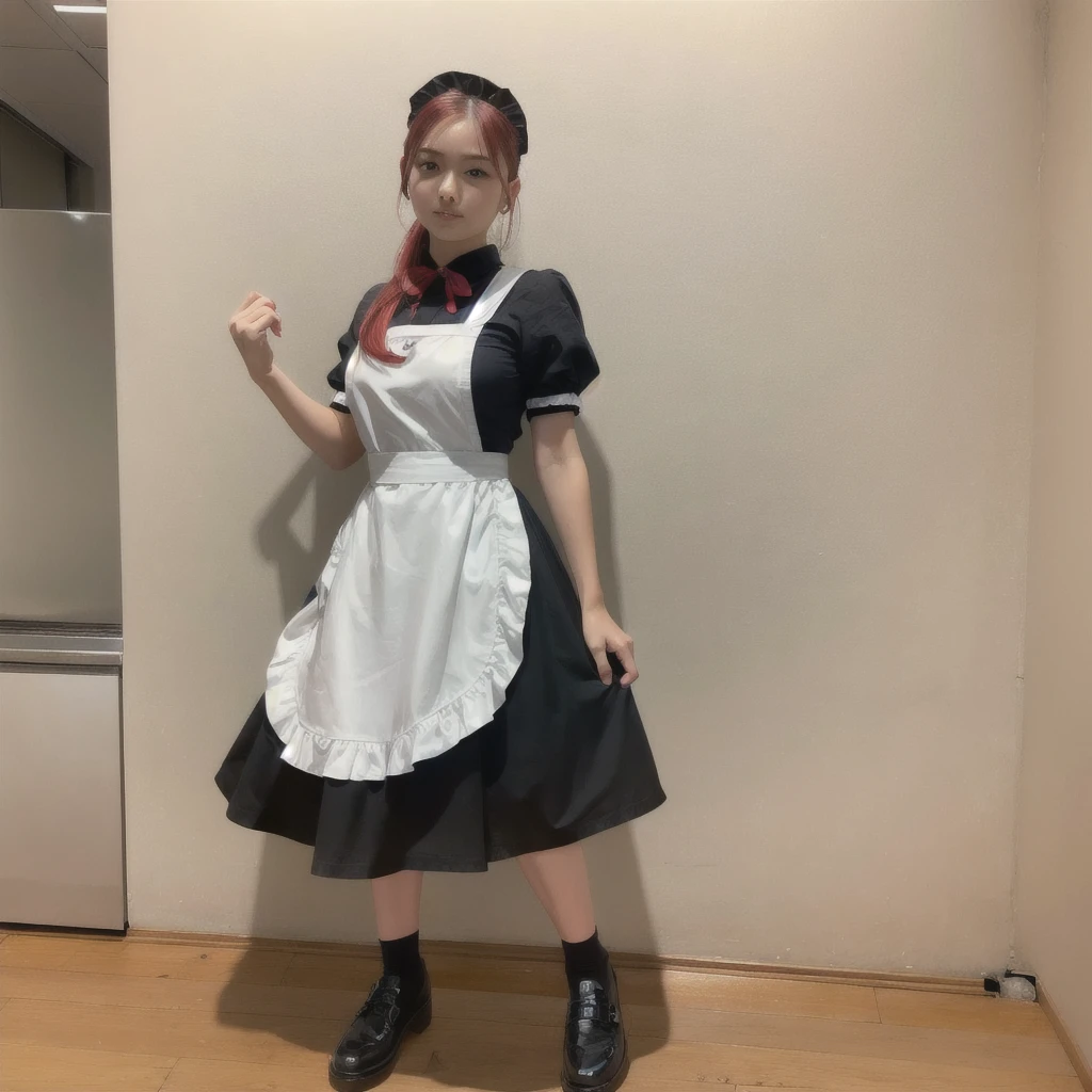 masterpiece,(Highest quality, figure,Detailed face:1.3),(One girl,alone:1.3),Beautiful attention to detail,  apron, Slope_background, Slope, Maid, Purple eyes,red hair,Small breasts,, break, enMaided, white_apron, black_dress, ponytail, black_footwear, frills_apron, dress, Maid_apron, Alternative_hair,very long hair, Split_ponytail, Hello 