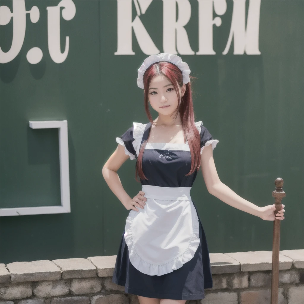 masterpiece,(Highest quality, figure,Detailed face:1.3),(One girl,alone:1.3),Beautiful attention to detail,  apron, Slope_background, Slope, Maid, Purple eyes,red hair,Small breasts,, break, enMaided, white_apron, black_dress, ponytail, black_footwear, frills_apron, dress, Maid_apron, Alternative_hair,very long hair, Split_ponytail, Hello 