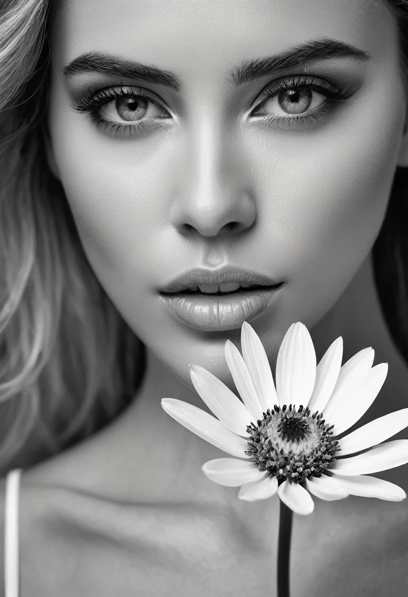 A black and white photo in raw format, zooming in on the intricate details of a woman's face, revealing the delicate lines of her skin and the depth of her expressive eyes. Frame the shot with a solitary striking flower, delicately held in the woman's hand, adding a touch of softness and femininity to the composition, enhancing the dramatic contrast and textures of the monochrome image.