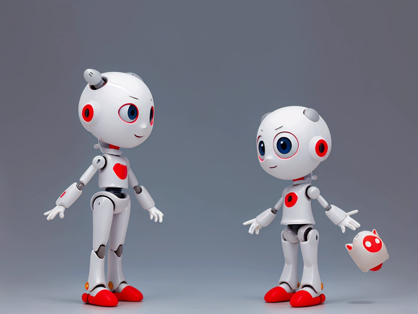 small tender robot like wally-e , short legs, reactangular rectangular head with eyes (front, side, back views of the same character) , white background