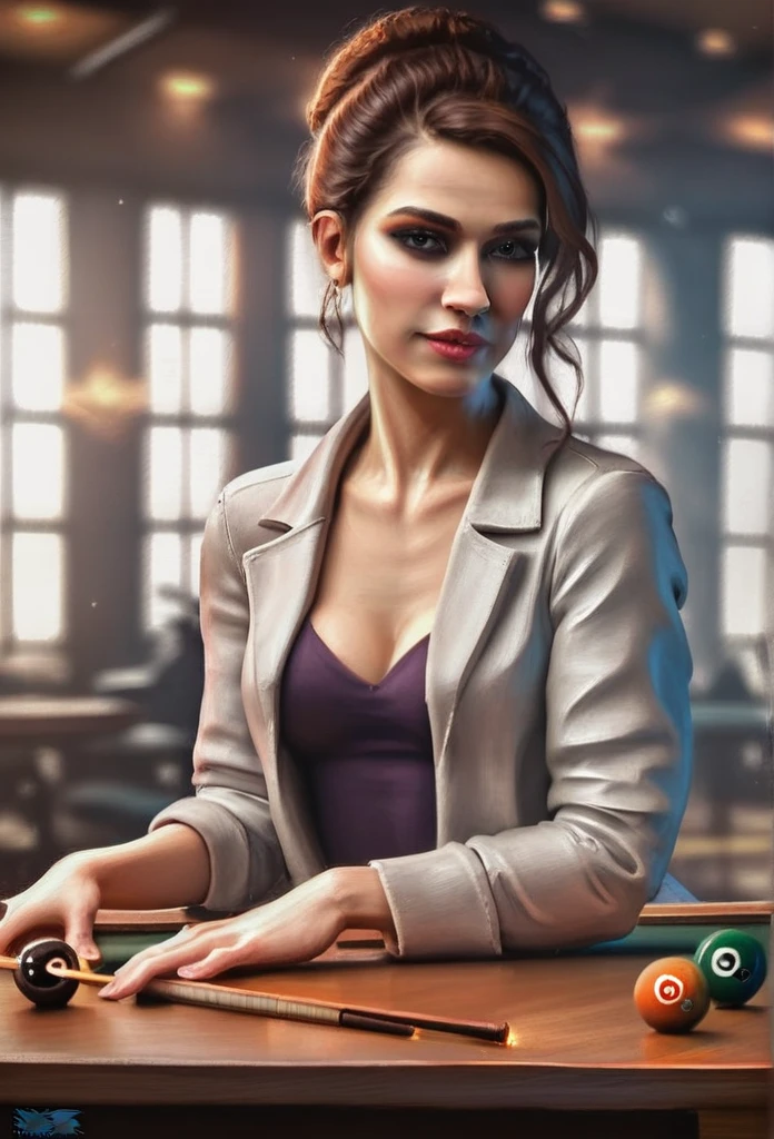 (female cyborg, beautiful detailed eyes, beautiful detailed lips, extremely detailed eyes and face, longeyelashes, billiards, bends over, sexy pose, dimmed lighting, diffused lighting, cigar smoke, alcohol smell, masculine atmosphere, lustful men, undress with eyes, want to fuck on table, perverse), (best quality, 4k, 8k, highres, masterpiece:1.2), ultra-detailed, (realistic, photorealistic, photo-realistic:1.37), HDR, UHD, studio lighting, ultra-fine painting, sharp focus, physically-based rendering, extreme detail description, professional, vivid colors, bokeh, concept art