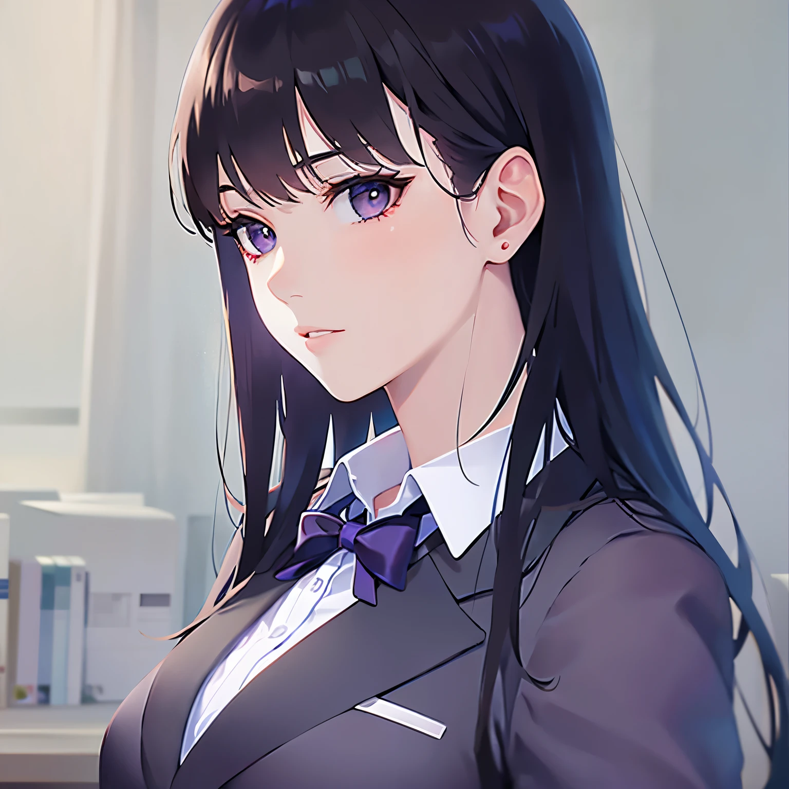 side angle, Upper Body, Realistic, real person, (pale skin: 1.2), RAW photo, photorealistic, shiny skin, shiny hair、(A 25-year-old woman with straight hair and bangs) and (medium hair) and (black hair) and (purple eyes) , (business suit:1.5) and (white collared shirt)、Serious expression, The background is the office、Alone、Are standing