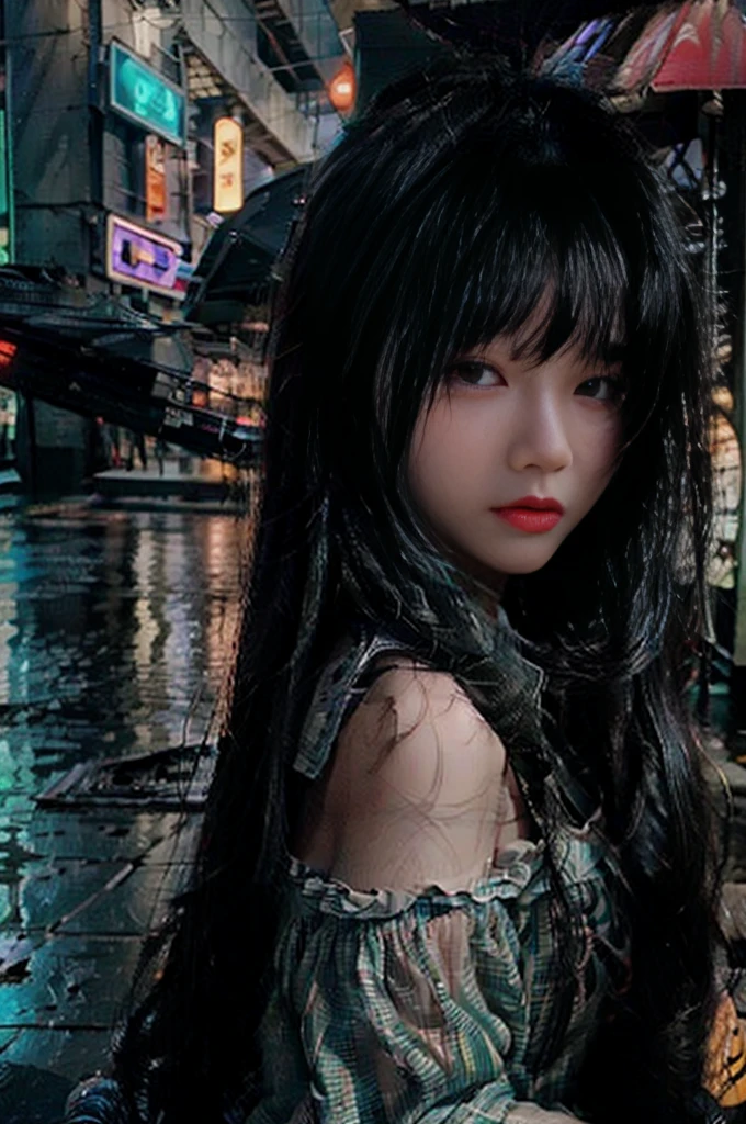 Best quality, masterpiece, ultra high res, (photorealistic:1.4), raw photo, 1girl, off shoulder, cinematic lighting, apocalypse, ruins, war, (dirty face), lowkey, (film grain:1.0), (floating dust particle:1.2), dust, blood stains, sad, long hair