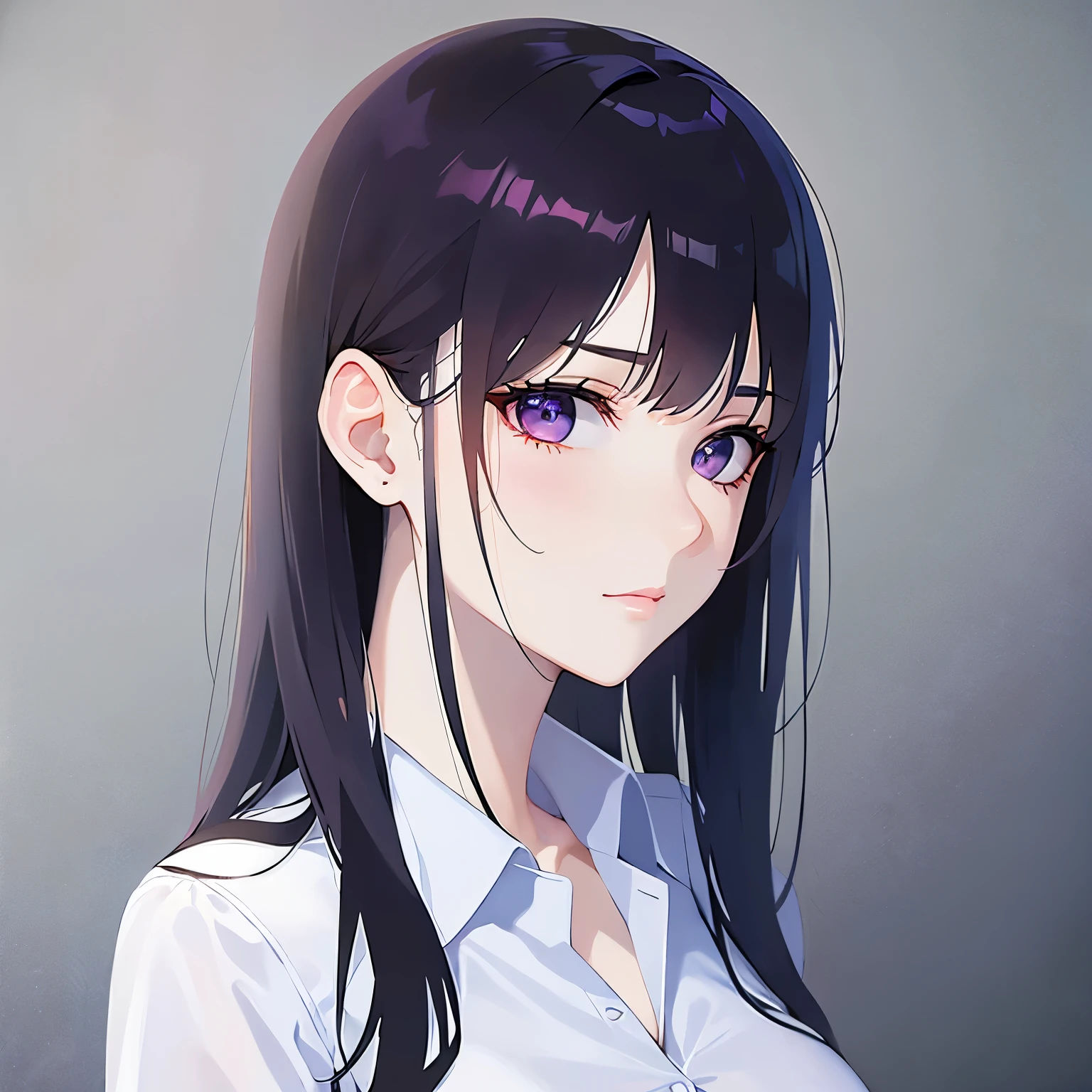 side angle, Upper Body, Realistic, real person, (pale skin: 1.2), RAW photo, photorealistic, shiny skin, shiny hair、(A 25-year-old woman with straight hair and bangs) and (medium hair) and (black hair) and (purple eyes) , (business suit:1.5) and (white collared shirt)、Serious expression, The background is the office、Alone、Are standing