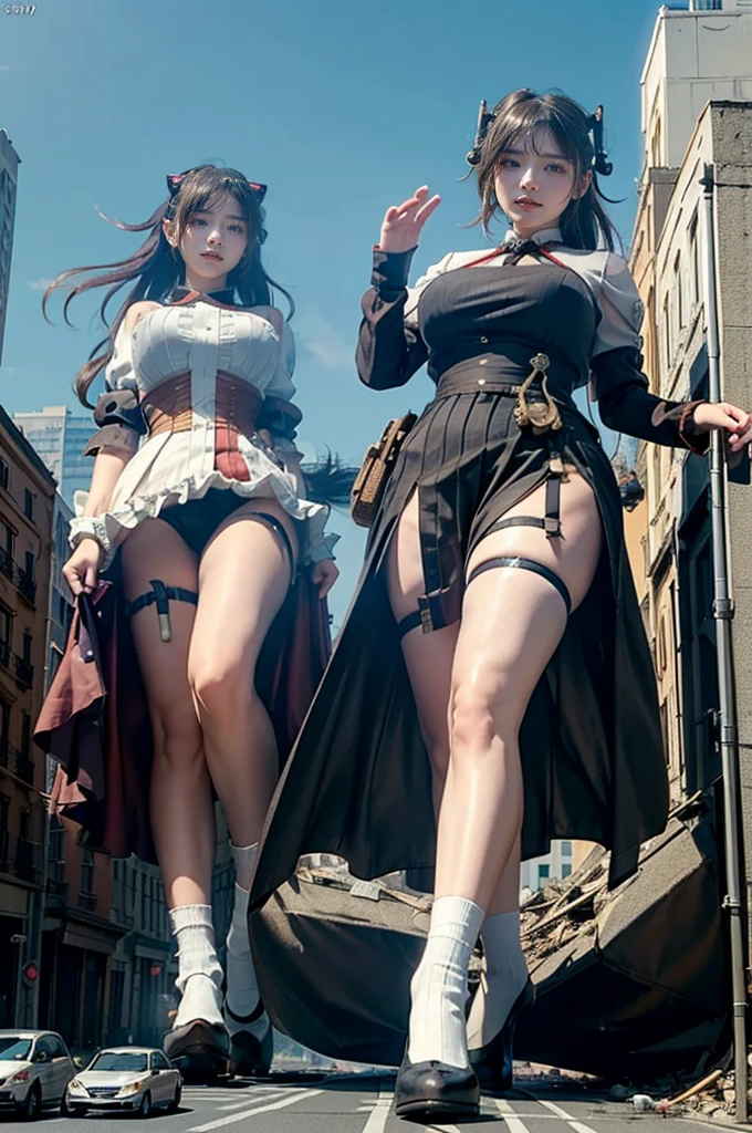 looking at the camera、steampunk、Standing on top of a ruined building、Big building explosion、The building collapses、Urban hustle and bustle、Traffic jam、City of Rubble、street tree、Car and bus、truck、taxi、City boulevard、Pedestrian bridge、Streetcar route((((Azur Lane Cheshire Cosplay))))、Frilled maid outfit、((Super huge breasts))、((Plump thighs))、Ground View,City of Giants,500 foot tall giant girl,skyscraper,Has super long legs,Step into the crowd,There are many people on the street,Knee-high socks,A happy look,Standing on the ruins,Beautiful appearance,Exquisite makeup,quality,8k,高quality,Perfect Proportions, Cinema Lighting,Film Grain,The Colors of Fuji,8k,Textured skin,Super Detail,High detail,high quality,High resolution,explode,False Smile、Reaching out
