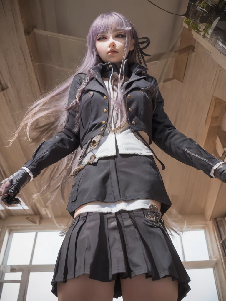 photo Realistic, masutepiece, Realistic, High contrast, hyper Detailed, Best Quality, 超A high resolution, photo Realistic, High resolution, Detailed, Raw photo, Kyoko Kirigiri, Long hair, Purple hair, Side braid, Blunt bangs, Hair Ribbon, a black ribbon, High collar, Brown tie, Black Motorcycle Jacket, Long sleeves, Black Gloves, Black mini skirt, Pleated skirt,(( Black long boots)), (((Full Shot))), Danganronpa \(Series\), Street, Full Shot, Looking at Viewer, White shirt, Woman, (((From below))), Busy city, foreshortening, (Pose Seductive), Looking at Viewer, mad, (eyecontact), japanaese girl,
