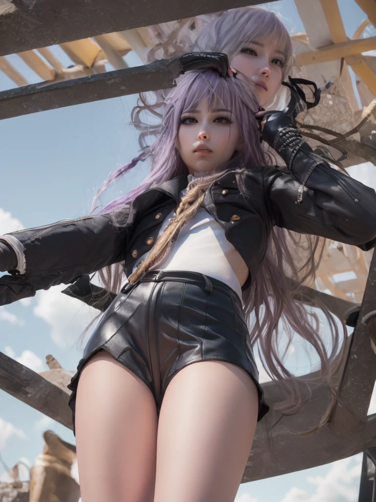 photo Realistic, masutepiece, Realistic, High contrast, hyper Detailed, Best Quality, 超A high resolution, photo Realistic, High resolution, Detailed, Raw photo, Kyoko Kirigiri, Long hair, Purple hair, Side braid, Blunt bangs, Hair Ribbon, a black ribbon, High collar, Brown tie, Black Motorcycle Jacket, Long sleeves, Black Gloves, Black mini skirt, Pleated skirt,(( Black long boots)), (((Full Shot))), Danganronpa \(Series\), Street, Full Shot, Looking at Viewer, White shirt, Woman, (((From below))), Busy city, foreshortening, (Pose Seductive), Looking at Viewer, mad, (eyecontact), japanaese girl,