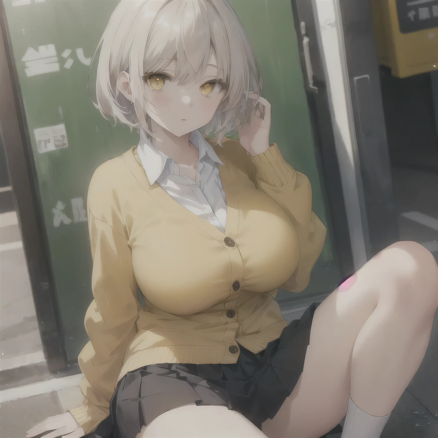 Anime, short ash-colored hair, white skin, Wear a skirt,Passtel yellow cardigan, light yellow eyes, big breasts, Hair behind the ear