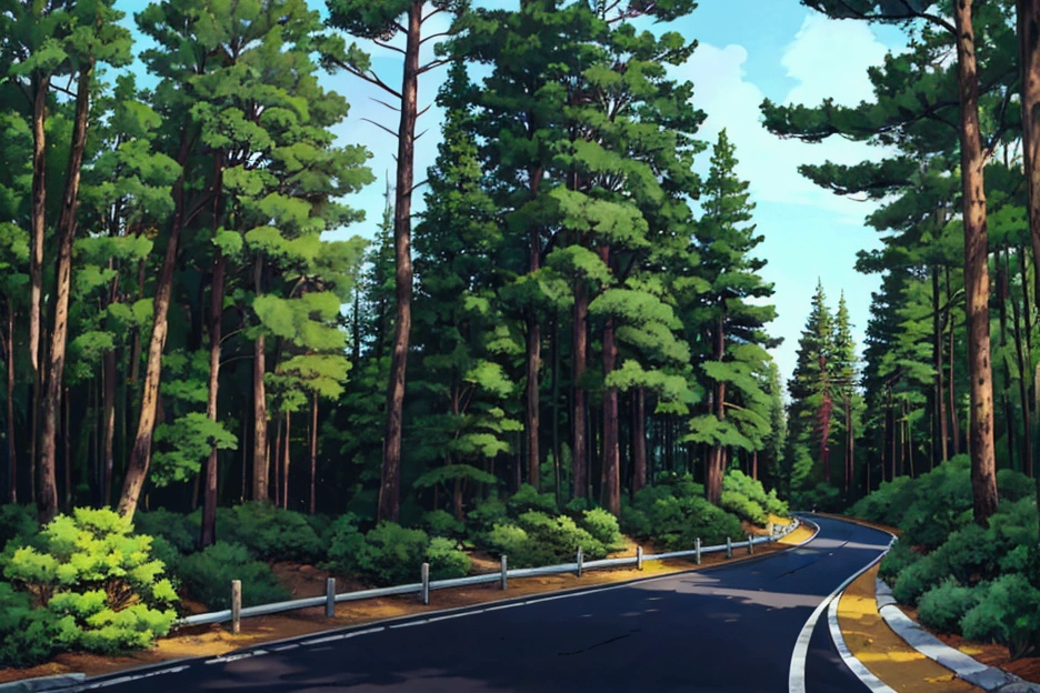 side view landscape background of a road next to a pine forest