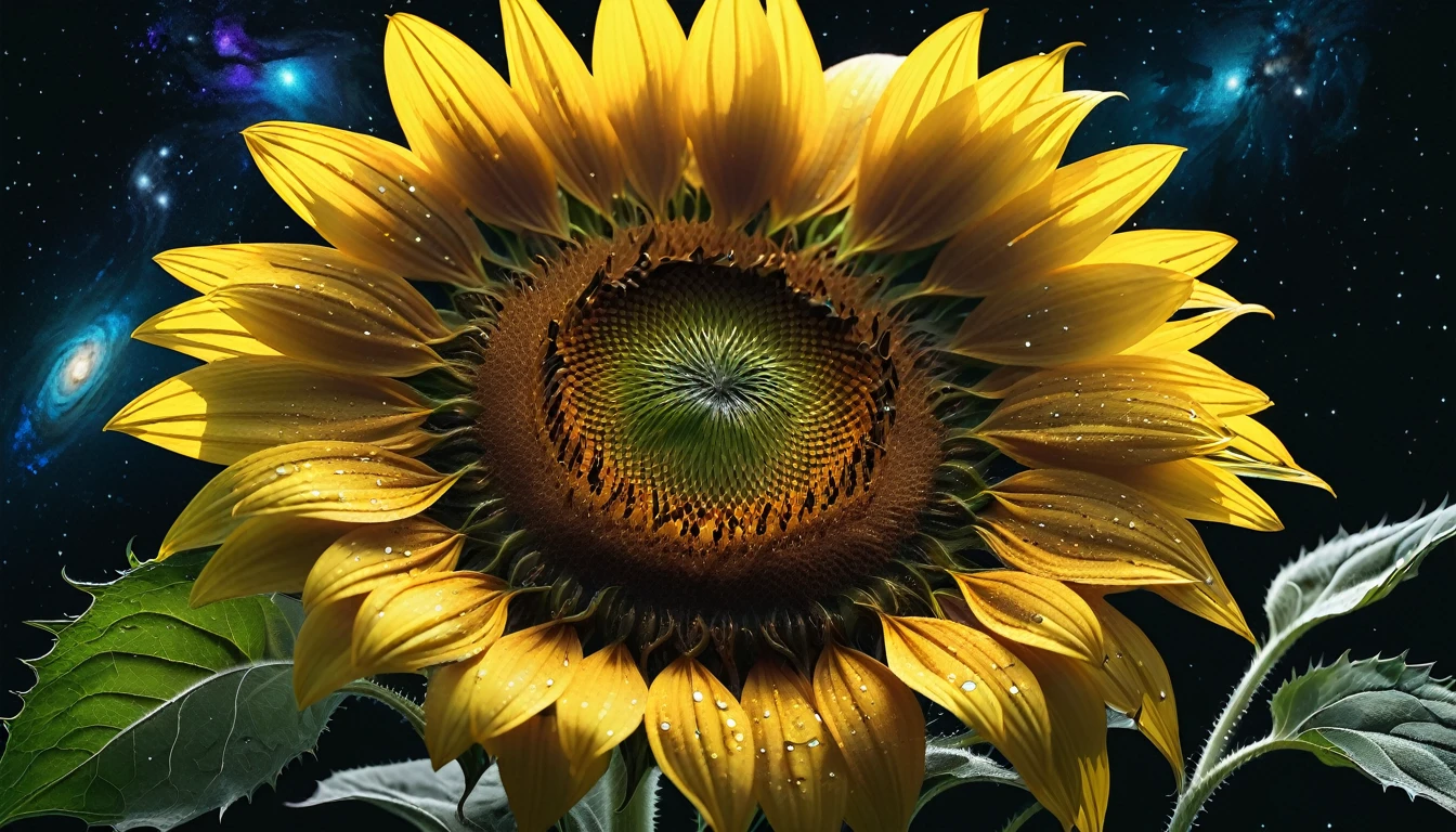 a detailed sunflower, masterpiece, dark background with galaxy style, photorealistic, 8k, best quality