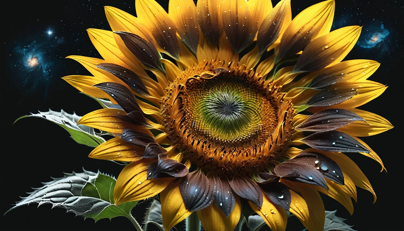 a detailed sunflower, masterpiece, dark background with galaxy style, photorealistic, 8k, best quality