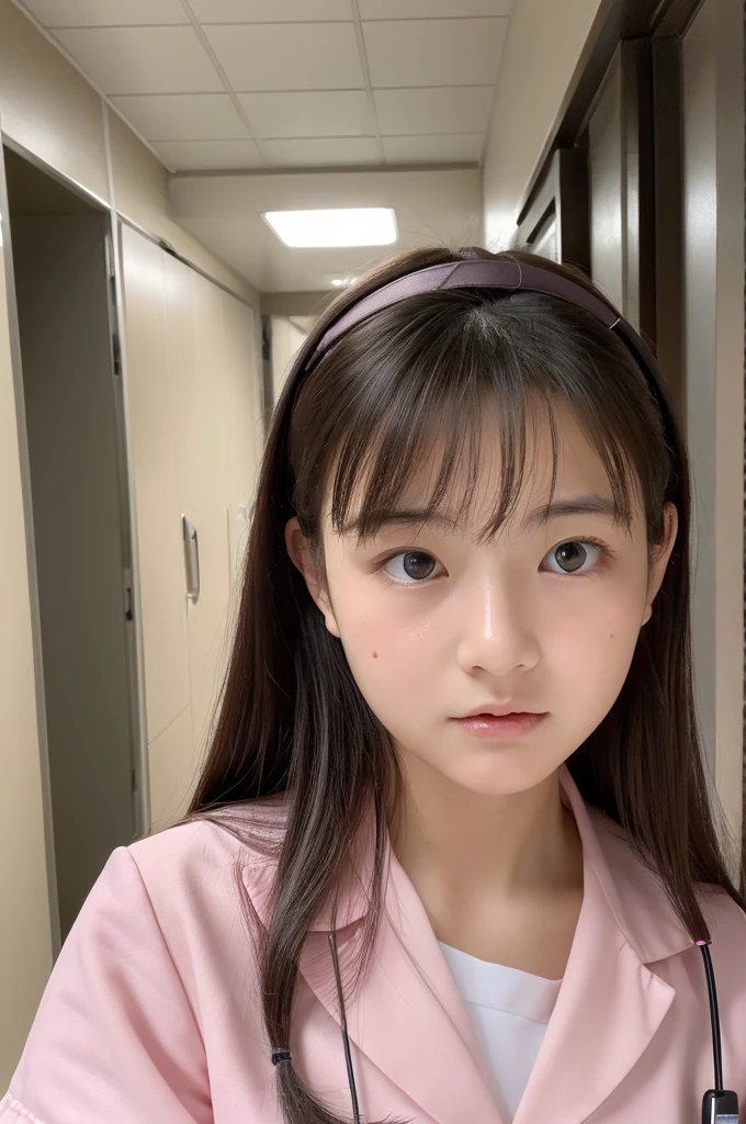 ((highest quality, masterpiece :1.3)), Photorealistic、Ultra-high resolution、Natural skin texture、Hyperrealism、Reflection from the waist up、Beautiful Japanese girl in her early 、One girl、Larger breasts、Pink nurse uniform、Frightened expression、Eyes are unfocused
