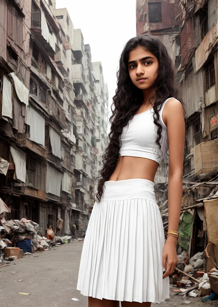 Portrait of a young very cute Indian teenager with long hair, sleeveless, wavy hair standing bare midriff, short white skirt, New York street slums with the early evening clearly visible background
